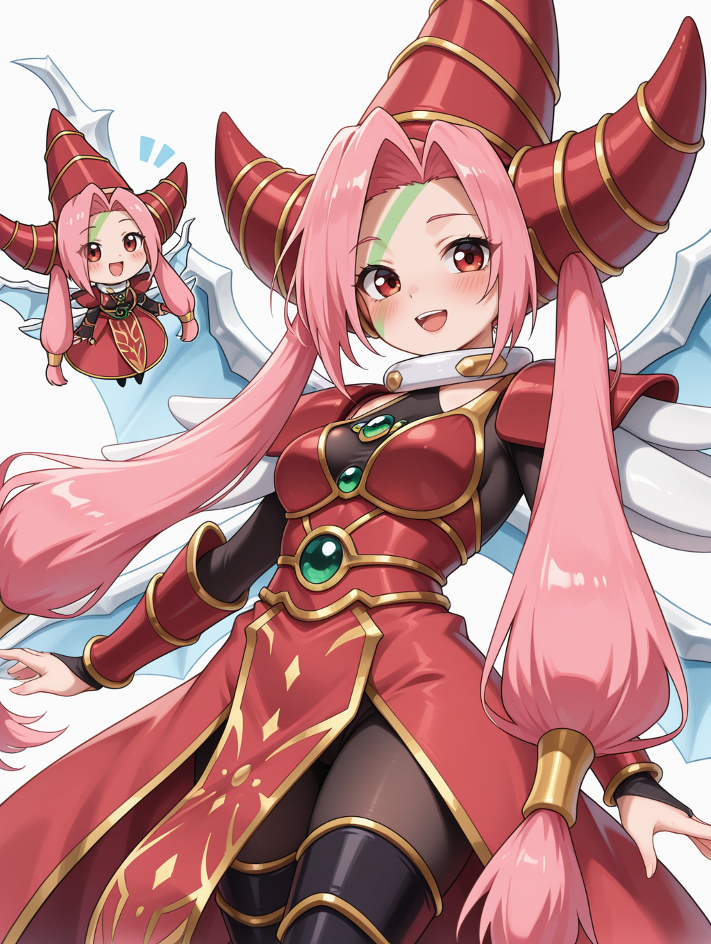 T.G. Wonder Magician, 1girl, solo, smile, open mouth, chibi, blush, looking at viewer, twintails, white background, simple background, dragon wings, green facial mark, black bodystocking, gold hair tubes, red dress, red gauntlets, red wizard hat, black thigh boots, red shoulder armor,
masterpiece,best quality,amazing quality,very aesthetic,apussbsurdres,newest,<lora:T.G. Wonder Magician illuXL v1:0.75>,