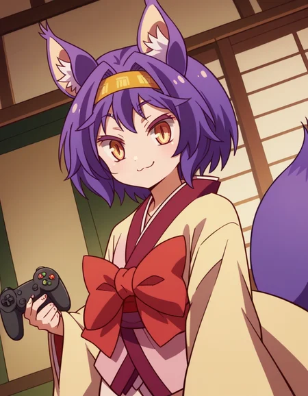 score_9, score_8_up, score_7_up, source_anime, <lora:izuna-hatsuse-s1-ponyxl-lora-nochekaiser:1>, izuna hatsuse, short hair, animal ears, purple hair, hairband, animal ear fluff, fox ears, slit pupils, yellow eyes,, bow, tail, japanese clothes, wide sleeves, kimono, fox tail, short kimono,, living room, video game, controller, competitive, fun, afternoon, , looking at viewer, smile, from below, solo,, cowboy shot, dutch angle