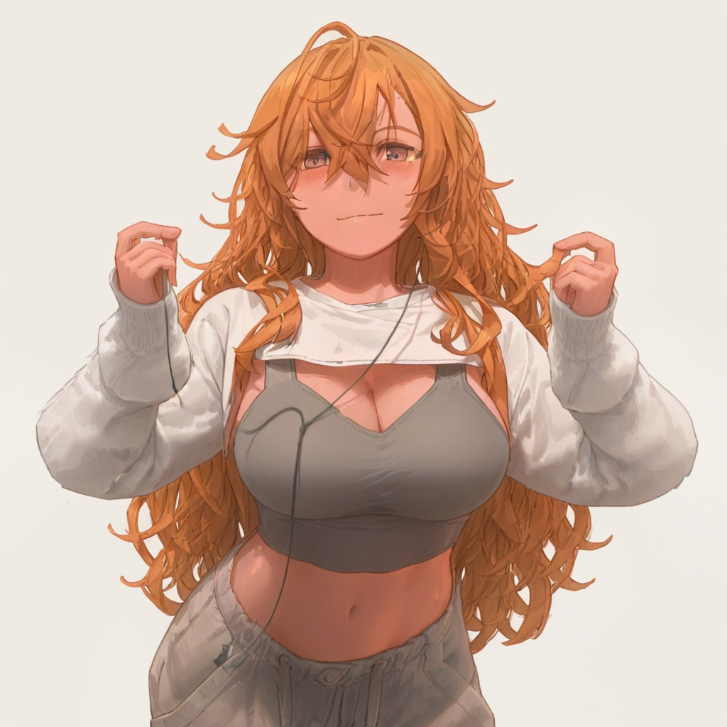 by yohan, ultra detailed anime artwork, perfect, blonde stylized hair,orange hair,brown hair ,grey top, perfect, blush ,breasts ,orange eyes, , breasts, navel, looking at viewer, simple background, large breasts,   smile, midriff, She has long hair and is wearing clothing messy hair, looking at viewer, cleavage, simple background, large breasts, long hair, closed mouth, , breasts,  navel, score_9, score_8_up, score_7_up, easynegative, OverallDetail,  Hair Type: Wavy Texture: The hair has soft, loose waves, giving it a natural and flowing appearance. Thick Volume: The strands are depicted as full and voluminous, adding to the lively and dynamic feel of the style. Hairstyle: Messy Layers: The hair features a tousled, layered look with varying lengths, contributing to an effortless, carefree vibe. Curtain Bangs: Longer bangs frame the face, with strands casually sweeping across her forehead and slightly covering the eyes for a relaxed, stylish effect. Shoulder Length: The hair extends down to just past the shoulders, maintaining a manageable yet visually striking length.