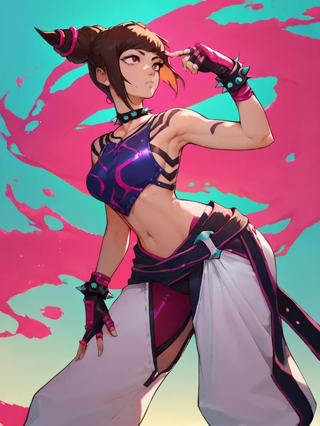 score_9, score_8_up, score_7_up, anime,
standing, cowboy shot,
jurims, sfiv, 1girl, solo, fingerless gloves, hair horns, collar, navel, toeless legwear, pants, baggy pants, white baggy pants, purple pink pantyhose, bangs
<lora:Juri_PonyXL:1>, <lora:Smooth Anime Style LoRA XL:1>