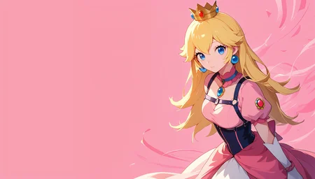 score_9, score_8_up, score_7_up, score_6_up, source_anime, wallpaper-kai, princess-peach, harness, simple-background, abstract-background, pink-background, high-contrast