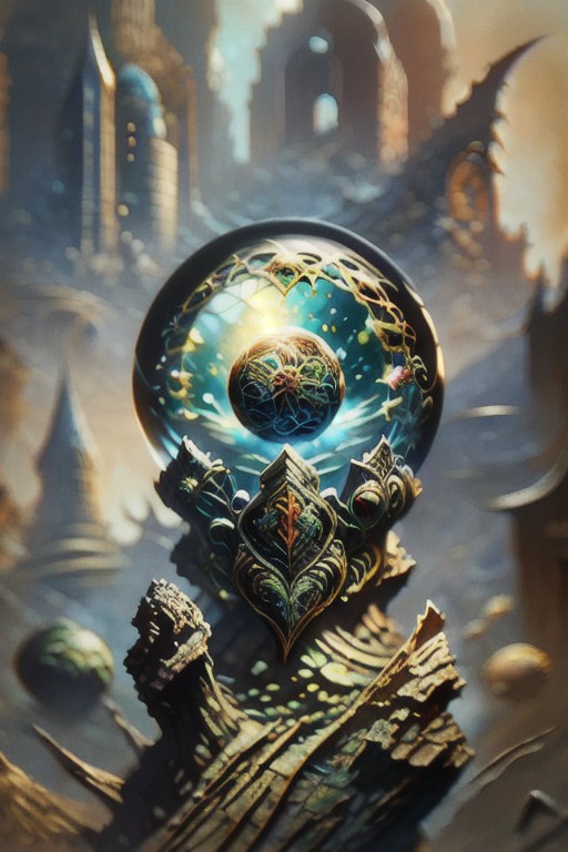 The Wizard’s Crystal Orb of Cellular Division
Concept: A wizard controls an orb that governs cellular division and growth. The orb, glowing with mystical light, symbolizes the biological process of mitosis and meiosis.
Fantasy Trope: A powerful wizard wielding an orb of immense power, connected to the science of cellular division.
Cells dividing reflected in a large crystal ball in the foreground
Background of fantasy ruins of castle and forest mountainscape
Crystal ball, transparent, orb, cell, nanotube, microbe, glowing, electron microscope photo, thin, glasswork, colorful, strange, interesting shape, glass, crystals, filaments, detailed, opaque, transparent, light pass through shell, ice, nuclear, polyp, division, split, cleave, divide, biology, illustration, painting, oil painting, frazetta, easley, gorgeous, highly detailed, high resolution, matte painting, masterpiece, vintage fantasy art, super detail, d&d, fantasy, vintage, 70s, 80s, layered cellular surface