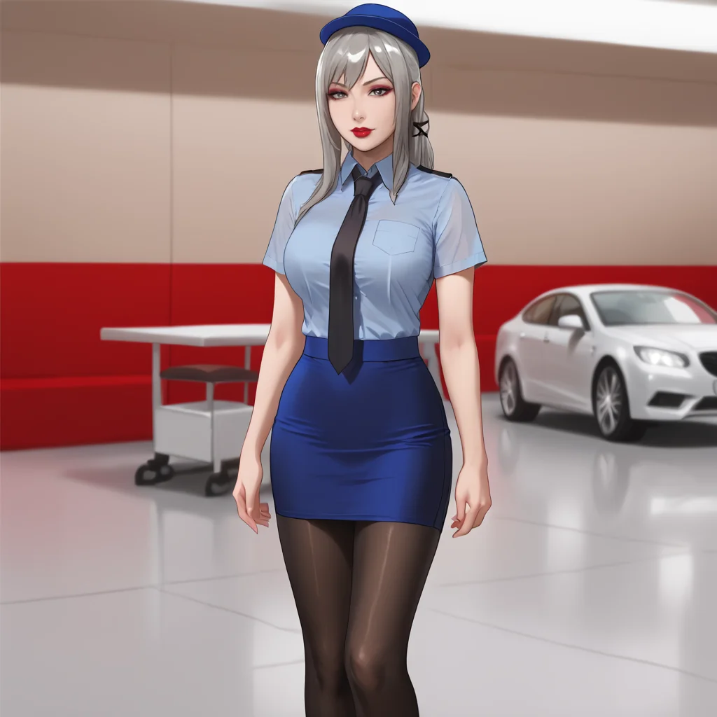 <lora:araneaff15_pony_v1:.8> aranea, 1girl, large breasts, long hair, grey eyes, lace, grey hair,, lipstick,eyeshadow, standing cowboy shot,  <lora:0820 tokisaki kurumi policewoman fan costume_v1_pony:1> ruanyi0820,black necktie,blue hat,blue shirt,blue skirt,black pantyhose,short sleeves,pencil skirt