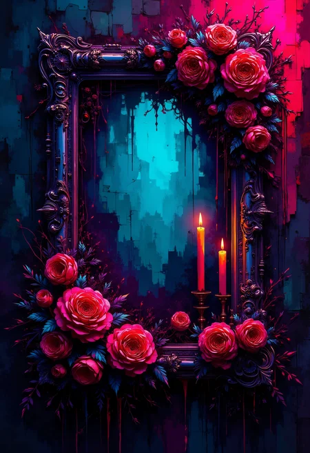 A digital cyberpunk art splash in the style of bo-cyborgsplash, a dark gothic backdrop featuring an ornate frame with red roses and candles, fantastic abstract colorful art splash, high quality, ultra detailed.<lora:boFLUX Cyborgsplash.safetensors:1.0:1.0>