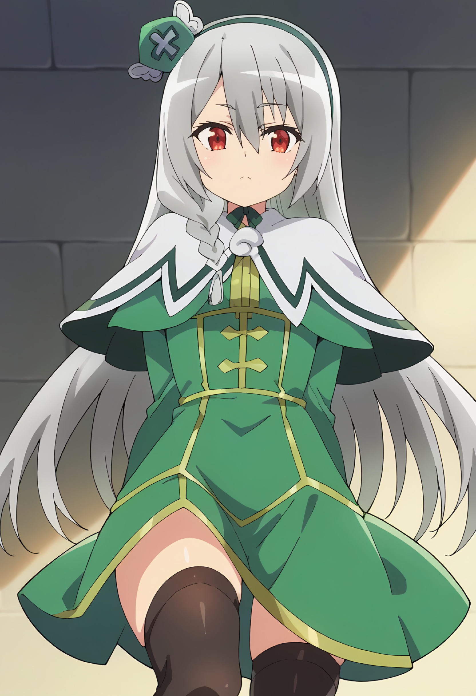 maidena, grey hair, long hair, 1girl, red eyes, solo, hair between eyes, braid,        , green dress, red eyes,  thighhighs,  capelet, green hairband,  long sleeves, hair ornament,mini hat, looking at viewer <lora:Maidena:0.9>, score_9, score_7_up,anime coloring ,source_anime, anime