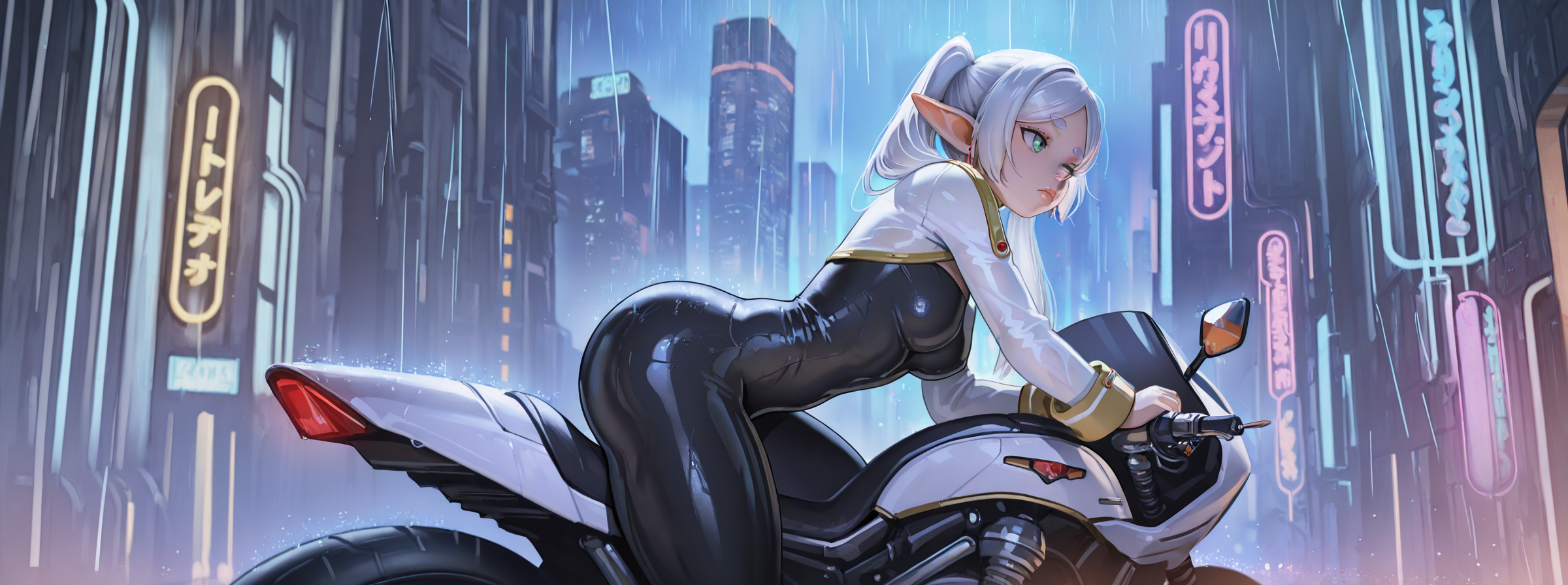 masterpiece, best quality, amazing quality, ultra detailed, 1girl, frieren, elf, lips, curvy, athletic, medium breasts, pose, white shrug, white skirt, black bodysuit, back lighting, leaning forward, pose, night, outdoors, futuristic city, riding motorbike, futuristic motorbike, particles, neon lights, rain, ambient occlusion,<lora:Steamed_Egg_Style_IL:1>