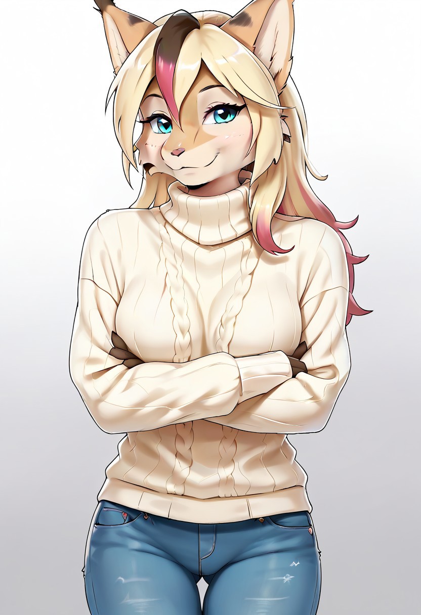 digital_media_(artwork) hi_res, zPDXL2, score_9, score_8_up, score_7_up, score_6_up, score_5_up, score_4_up, rating_safe, beautiful, anthro, furry, female, detailed textured fur, fur tufts, fluffy, slim, slender, cute, sweater, baggy denim jeans, beautiful blue eyes, detailed eyes, smile, solo, SFW, lynx, long blonde hair, multicolored hair, streaked hair, absurdres, highres,