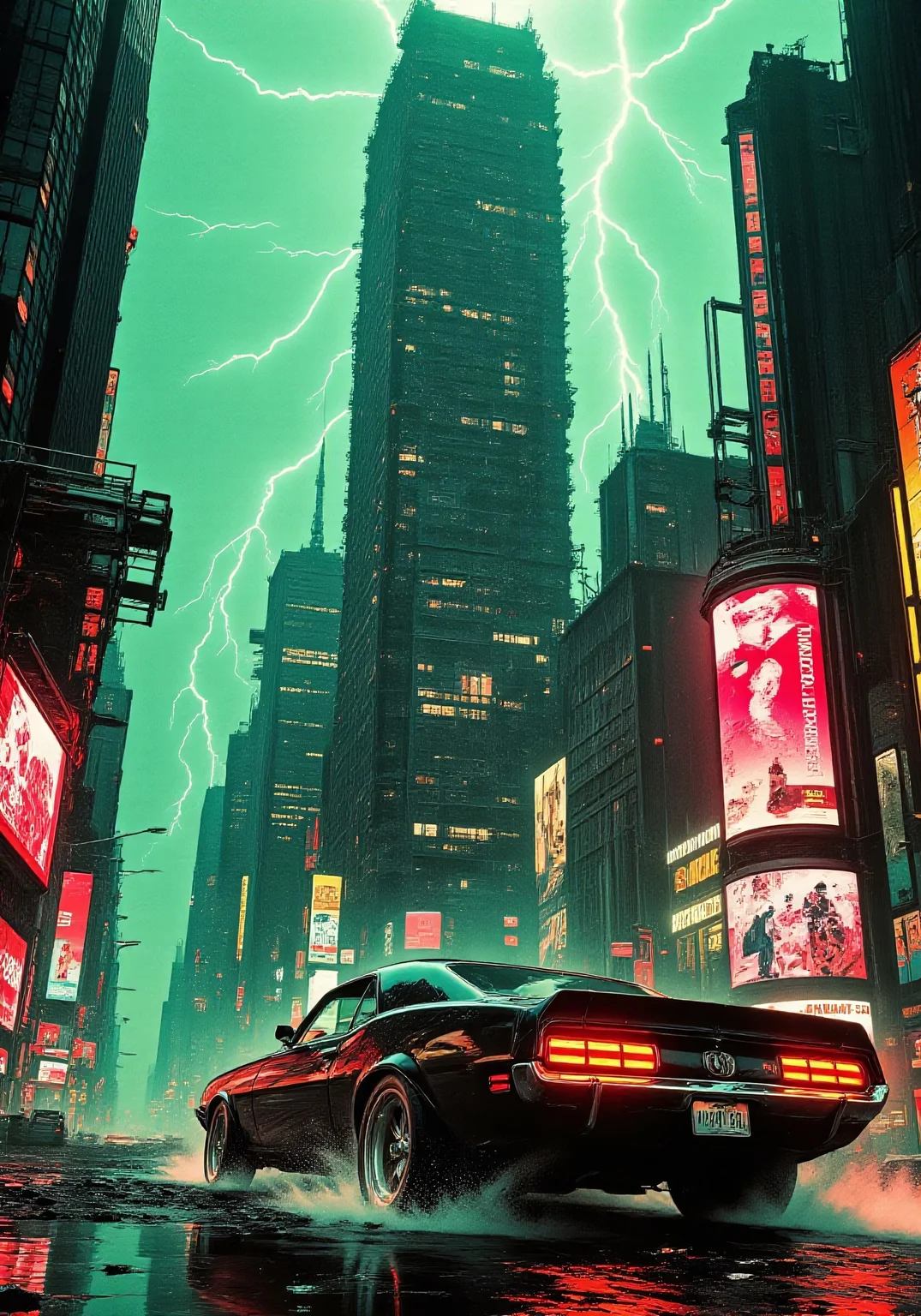 A dystopian cyberpunk city in ruins, with towering skyscrapers covered in neon remnants, partially collapsed. The air is thick with green mist and acid rain. A powerful, retro-futuristic muscle car with red glowing taillights speeds through the flooded, debris-covered streets. Lightning cracks the sky, illuminating the decayed landscape. Broken billboards flicker faintly, hinting at a lost world of corporate dominance. The environment is gritty, dark, and cinematic, evoking themes of survival and chaos