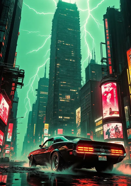 A dystopian cyberpunk city in ruins, with towering skyscrapers covered in neon remnants, partially collapsed. The air is thick with green mist and acid rain. A powerful, retro-futuristic muscle car with red glowing taillights speeds through the flooded, debris-covered streets. Lightning cracks the sky, illuminating the decayed landscape. Broken billboards flicker faintly, hinting at a lost world of corporate dominance. The environment is gritty, dark, and cinematic, evoking themes of survival and chaos