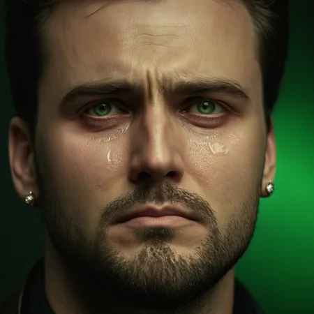 cinematic film still of <lora:crying style:0.8>
<lora:detailed:0.5>
<lora:perfection style:0.5>
a man with tears on his face is crying.,solo,looking at viewer,simple background,1boy,jewelry,green eyes,male focus,earrings,teeth,facial hair,black background,portrait,beard,realistic , crying, sad, teary face, tears, crying style, shallow depth of field, vignette, highly detailed, high budget, bokeh, cinemascope, moody, epic, gorgeous, film grain, grainy