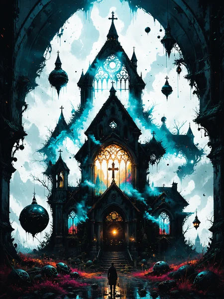 digital illustration of Xenolinguist communicating with extraterrestrial species, Abandoned, decaying church with ominous bell in the background,,, Gorgeous splash of vibrant paint detailed painterly digital art style by WLOP and Cory Loftis, ð¸ð, 8k octane beautifully detailed render, post-processing, extremely hyperdetailed, intricate, epic composition, grim yet sparkling atmosphere, cinematic lighting + masterpiece, trending on artstation, very detailed, vibrant colors, Art Nou ve  <lora:Misty_Vintage:0.5> <lora:xl_more_art-full_v1:0.5> <lora:gorgoeus_splash_of_vibrant_paint:0.7>