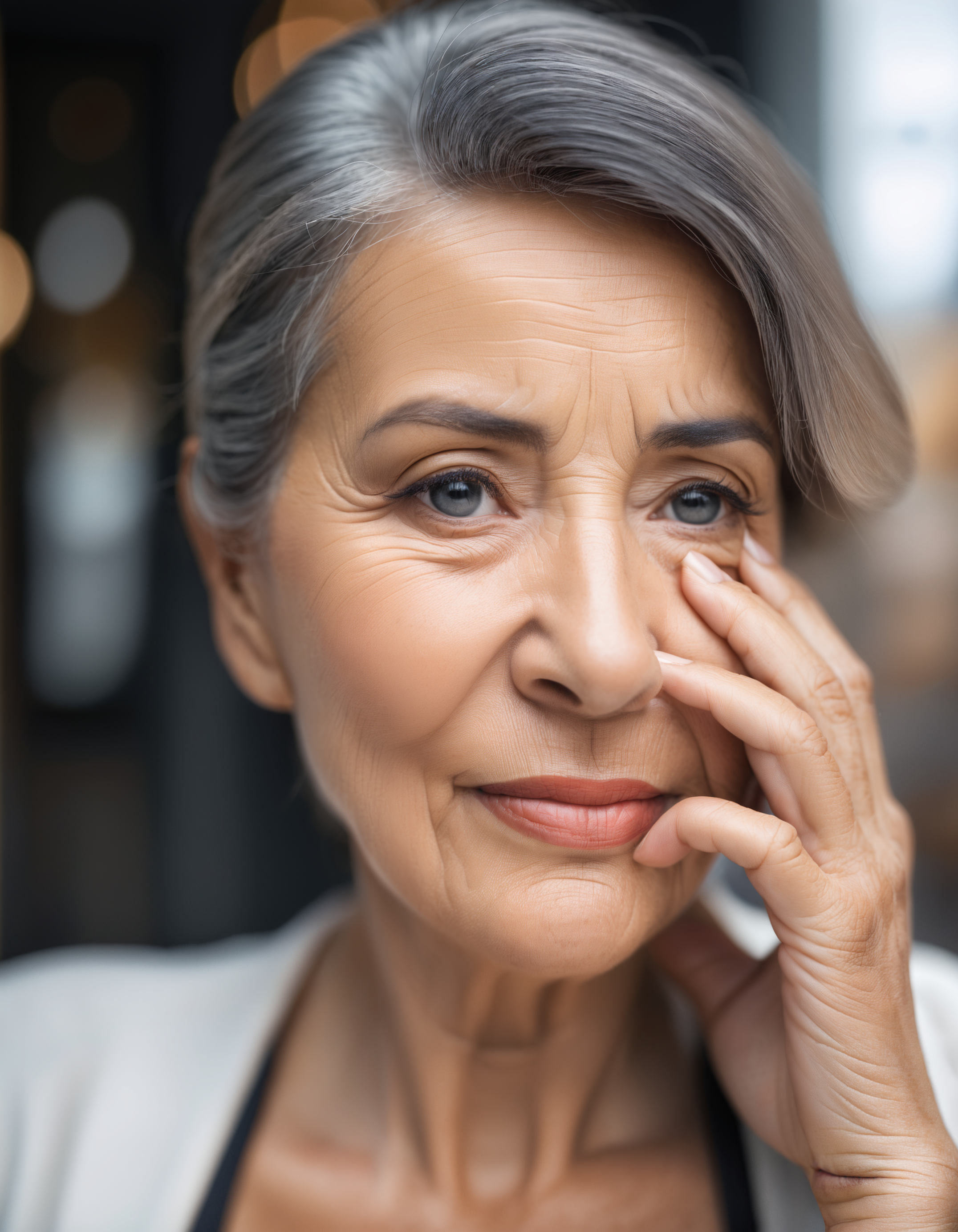 a professional glamour minimalist style photo of the elderly woman, overcome with sorrow, covers her face.her hands clutching her cheeks. Photorealistic, Hyperrealistic, Hyperdetailed, film noir, analog style, hip cocked, demure, low cut, black lace, detailed skin, pores, smirk, smiling eyes, matte skin, outdoor cafe, masterpiece, best quality, photograph, face focus, sharp focus, photography, photorealism, photorealistic, soft focus, volumetric light, simple, clean, uncluttered, modern, elegant, high quality, soft cinematic light, dramatic atmosphere, atmospheric perspective, raytracing, subsurface scattering,