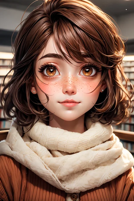 closeup, face, portrait, upper body,
freckles,
shy, blush,
(short brown hair:1.1),
(library:1.1),
(brown eyes:1.4),
cozy, detailed eyes, winter sweater,
<lora:more_details:0.35>
<lora:Cosmic anime-oil fusion v2:0.35>
<lora:AnimeVibesV3:0.5> animevibes,
<lora:3DMM_V11:0.6> 3DMM
<lora:midjourney_20230624181825:0.4> midjourney, shiny, shiny hair, shiny skin, shiny clothes