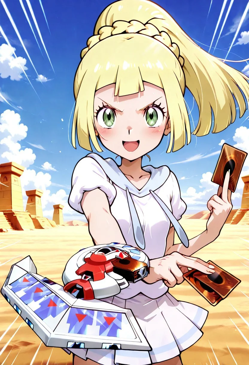 high quality,Expressiveh,very aesthetic, high resolution,8k,1 girl,Sunny day,clear sky,in ancient egypt,BREAK,zzLillie, long hair, ponytail, French braid, white shirt, short sleeves, white skirt, pleated skirt,Duel_Disk,young,cute,petite,small,flat chest,excited,smug,smirk,overconfident,cocky,laughing,standing,2 cards in hand,facing the viewer,holding yugioh card, yugioh card,yugioh card,holding 2 cards,BREAK,dynamic lines,action shot,movement,Speed Lines,motion lines,front view of girl holding 2 cards,dynamic pose, foreshortening, extreme perspective
