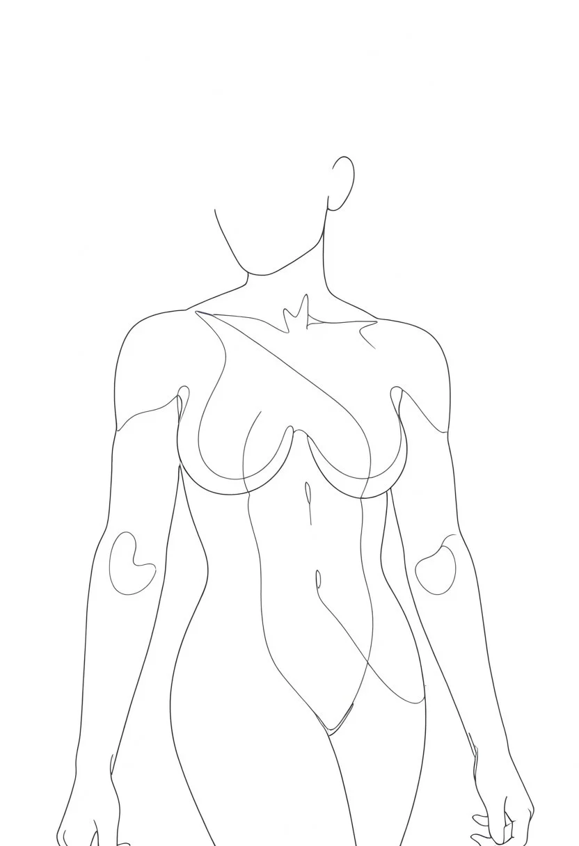 line drawing of a 1girl, cowboy shot, faceless, minimalist, black and white,