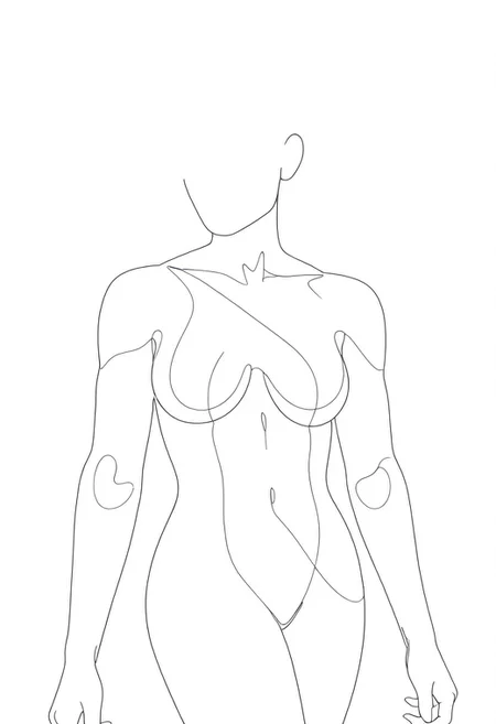 line drawing of a 1girl, cowboy shot, faceless, minimalist, black and white,