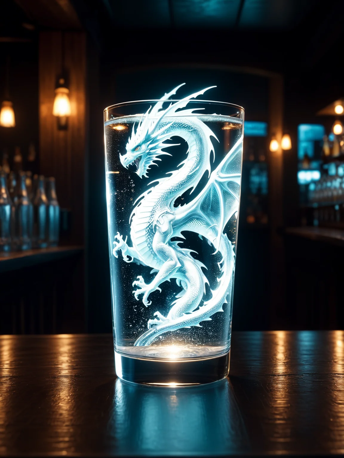 man standing in bar holding sparkling water glass, mad-spklgwtr dragon , mad-spklgwtr dragon <lora:Sparkling_Water_SDXL:0.7>, masterpiece, best quality, ultra high res, (photorealistic, realistic:1.2), deep shadow, raw photo, film grain, Fujifilm XT3, 8k uhd, dslr