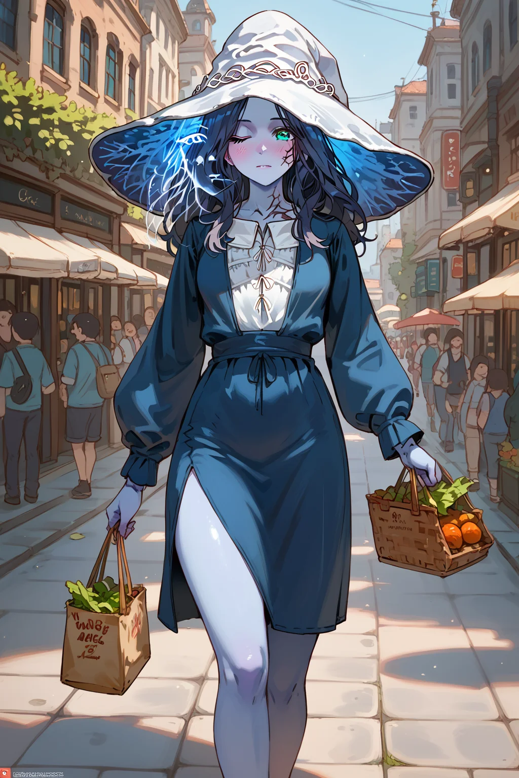 PDXL, source_anime, <lora:RanniV1:1>, r4nn1, ranni the witch \(elden ring\), ((four arms, blue skin)), doll, 1girl, cute face, detailed eyes,
walking through a street, blue dress, taking groceries home,
volumetric reflections, volumetric shadows, HDR, shot on Canon DSLR