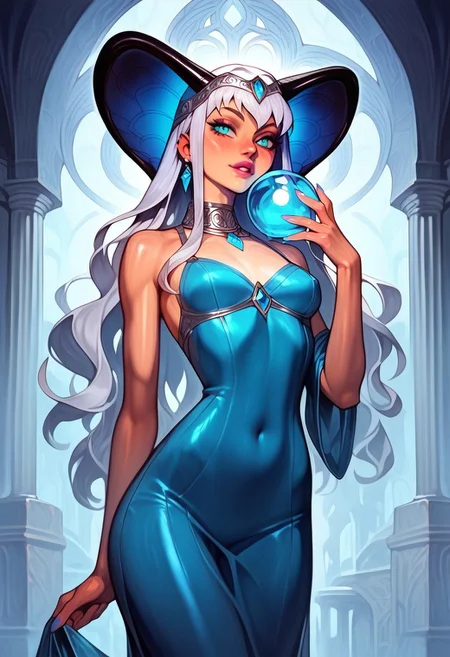 score_9, score_8_up, score_7_up, score_6_up, 
(1girl, solo, cobra)
aqua eyes, slim body type, small breasts, glowing pale white scales, dreamy and mysterious expression, long hair, wavy hair with wispy bangs, white hair with hints of blue, flowing sheer gown with snake-shaped embroidery, crystal headpiece shaped like a cobra, standing in a moonlit cavern, glittering stalactites and glowing pools, holding a glowing orb emitting soft light, reflections dancing in crystal-clear water, calm yet ethereal atmosphere, faintly glowing cobras coiled around her feet, ambient blue lighting creating serene tone, dripping water echoing softly, mystical and otherworldly charm, silken fabric flowing with subtle grace.