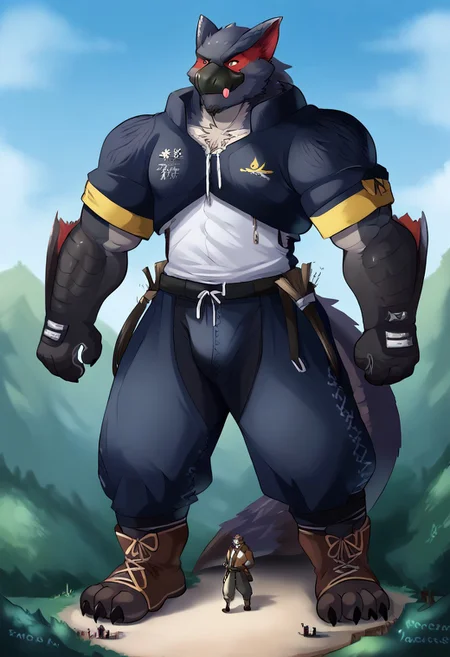 Scribble Nargacuga face,furry(Nargacuga),pummelig, big muscular, big strong large giant muscle,( black eyebrows :1.1),(perfect eyes),scale, alone, Wears Monster Hunter clothes/armor, friendly and Helpful,(artist:takemoto arashi),(jock:1.3), standing, Shoes,( Black beard :1.3),(Monster Hunter clothes:1.4, pants, shoes, shirt) Nargacuga (Massiv:3.0, Giant, macro, (heavyweight,strong,Macro, Emphasize, stands next to buildings,)),background((Monster Hunter village, village, forest, building, House, trees, bushes, logs, stump, rivulet, the crack in the road)),