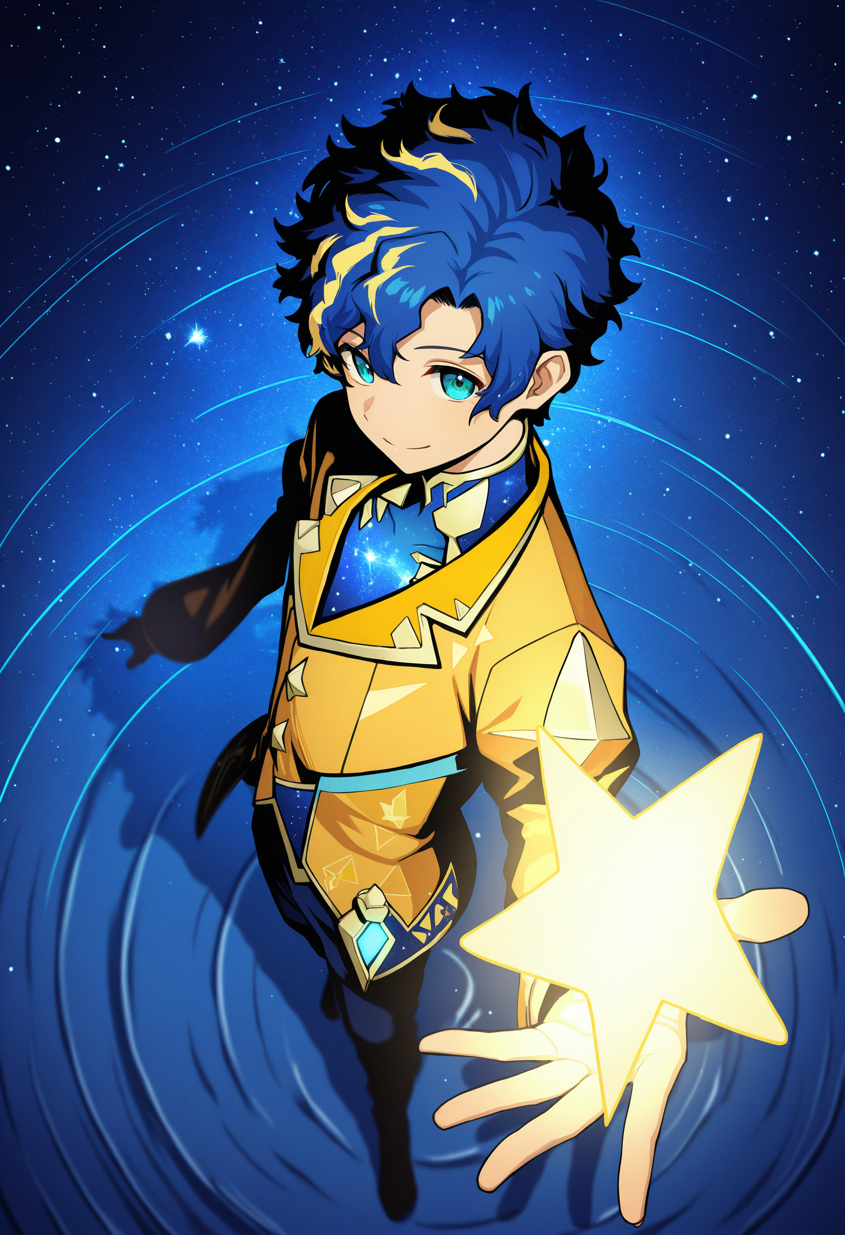 astel leda, astel leda \(1st costume\), 1boy, male focus, solo, blonde hair, blue hair, smile, star \(symbol\), streaked hair, short hair, starry sky, jacket, aqua eyes, blue eyes, yellow coat, pants, bodysuit under clothes, hair between eyes,
looking at viewer, water, from above,
depth of field, high contrast, dramatic shadows, highly detailed, high contrast,
masterpiece, best quality, very aesthetic, absurdres
<lora:holostars_allmems_illustrious_v1:1>
<lora:illustrious_noobai_epsilon_pred_1_masterpieces_v1:1>