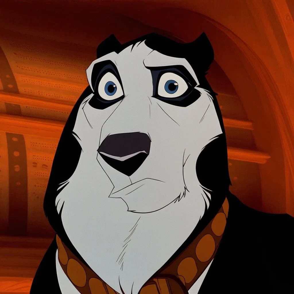score_9, score_8_up, score_7_up, score_6_up, score_5_up, score_4_up, feral, non-anthro, shocked expression, looking at viewer, head shot, black and white fur, white snout, white face, black shoulders, black back, white chest, blue eyes, dark-blue eyelids, cheekbones, big collar, thick collar, studded collar, brass buckle, headshot 1boi, solo