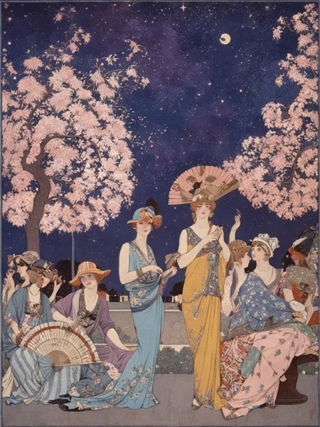 <lora:sdxl_George barbier v1.0:0.8>,george barbier, illustration, flat illustration, multiple girls, night, hand fan, tree, 6+girls, night sky, sky, hat, building, multiple boys, outdoors, masterpiece, best quality,absurdres,highres,ultra detailed,official art,
BREAK