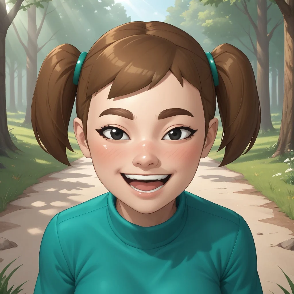 score_9, score_8, BREAK, solo, mii, wii, black eyes, brown eyebrows, blush, open mouth, dark greenish brown hair, twintails, dark green clothing, 1girl, female mii, wii sports, black pants, shoes, cute, breasts, Midori_(Wii_Sports), nintendo Mii, modern_mii, classic_mii, sexy pose, smile, outdoors, sunlight, shadows, evening lighting, natural lighting, forest, trees, grass, orange sky, sunset