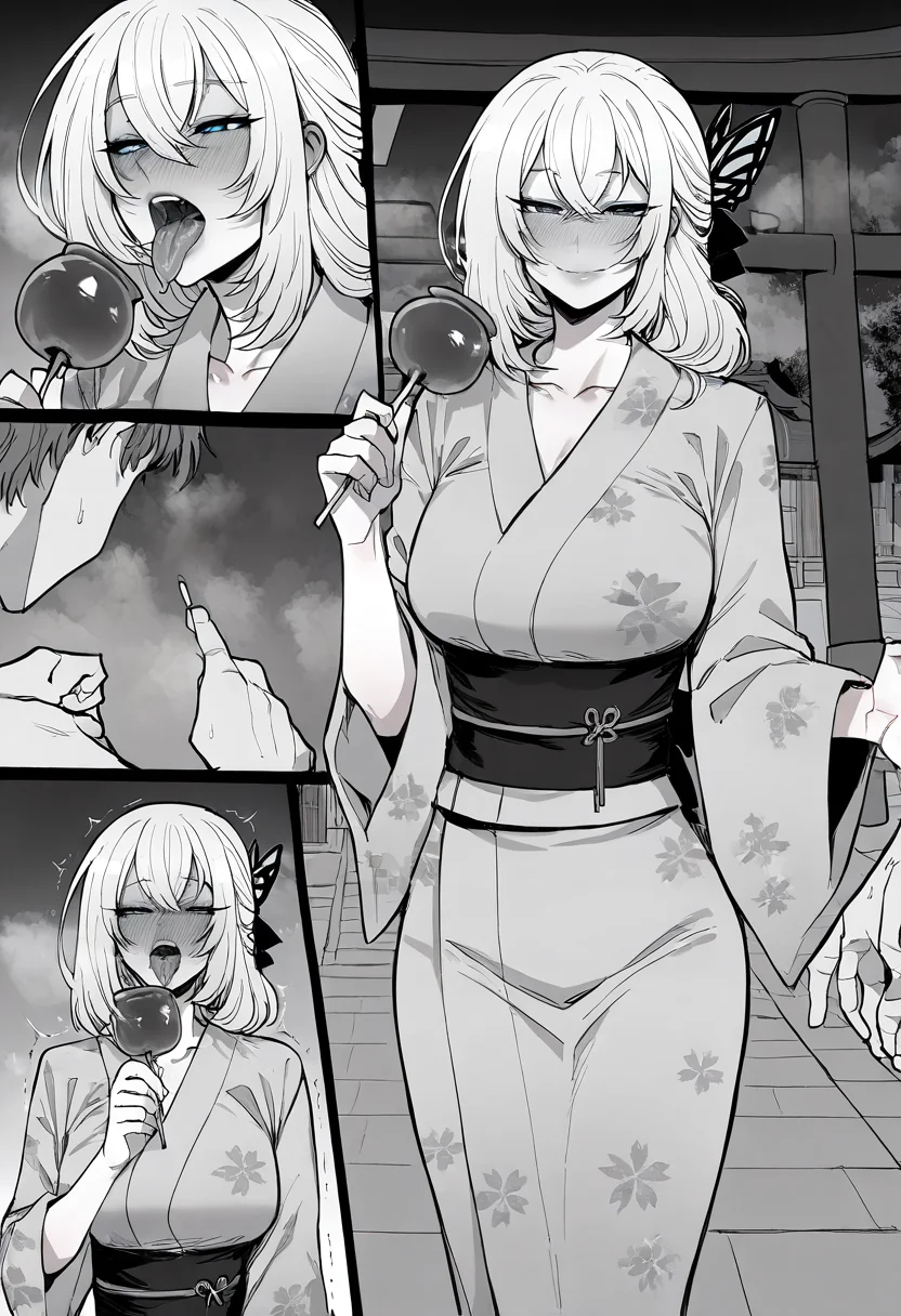 1boy, 1girl, shizuna rem misurugi, :kuro no kiseki, black ribbon, butterfly hair ornament, candy apple, cherry blossom print, collarbone, comic, couple, dating, fingernails, flirting, floral print, full-face blush, hair ribbon, half-closed eyes, hetero, holding food, japanese clothes, kimono, lips, long sleeves, looking at viewer, monochrome, mouth focus, naughty face, open mouth, outdoors, saliva, sash, sexually suggestive, shrine, smile, solo focus, standing, tongue out, torii, trembling, upper teeth only, uvula, wide sleeves, yukata, masterpiece, best quality, amazing quality, very aesthetic, absurdres, ratatatat, <lora:ratatatat74:0.8>