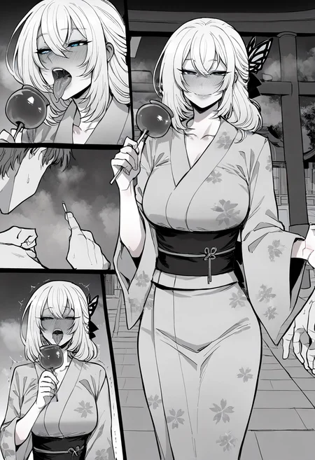 1boy, 1girl, shizuna rem misurugi, :kuro no kiseki, black ribbon, butterfly hair ornament, candy apple, cherry blossom print, collarbone, comic, couple, dating, fingernails, flirting, floral print, full-face blush, hair ribbon, half-closed eyes, hetero, holding food, japanese clothes, kimono, lips, long sleeves, looking at viewer, monochrome, mouth focus, naughty face, open mouth, outdoors, saliva, sash, sexually suggestive, shrine, smile, solo focus, standing, tongue out, torii, trembling, upper teeth only, uvula, wide sleeves, yukata, masterpiece, best quality, amazing quality, very aesthetic, absurdres, ratatatat, <lora:ratatatat74:0.8>