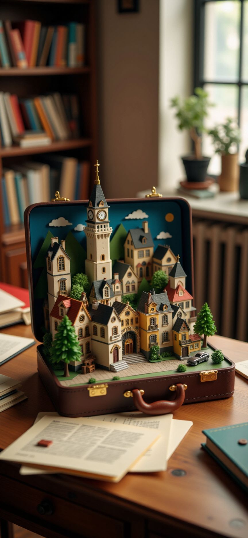 (indoors,indoor,isometric view,side view,tilt-shift lens:2), (in the style of ck-sfc,fna_style,fna_style,a scene from a pop-up,card letter:2), (briefcase:1.5),(opened briefcase filled with miniature  french town with clock tower:2) (on table at study:4) <lora:Fantasy_Novel_Art_Style:1><lora:ck-plastic-models:1> <lora:Pop-up_Book_Papercraft_Plotter_FLUX:1>