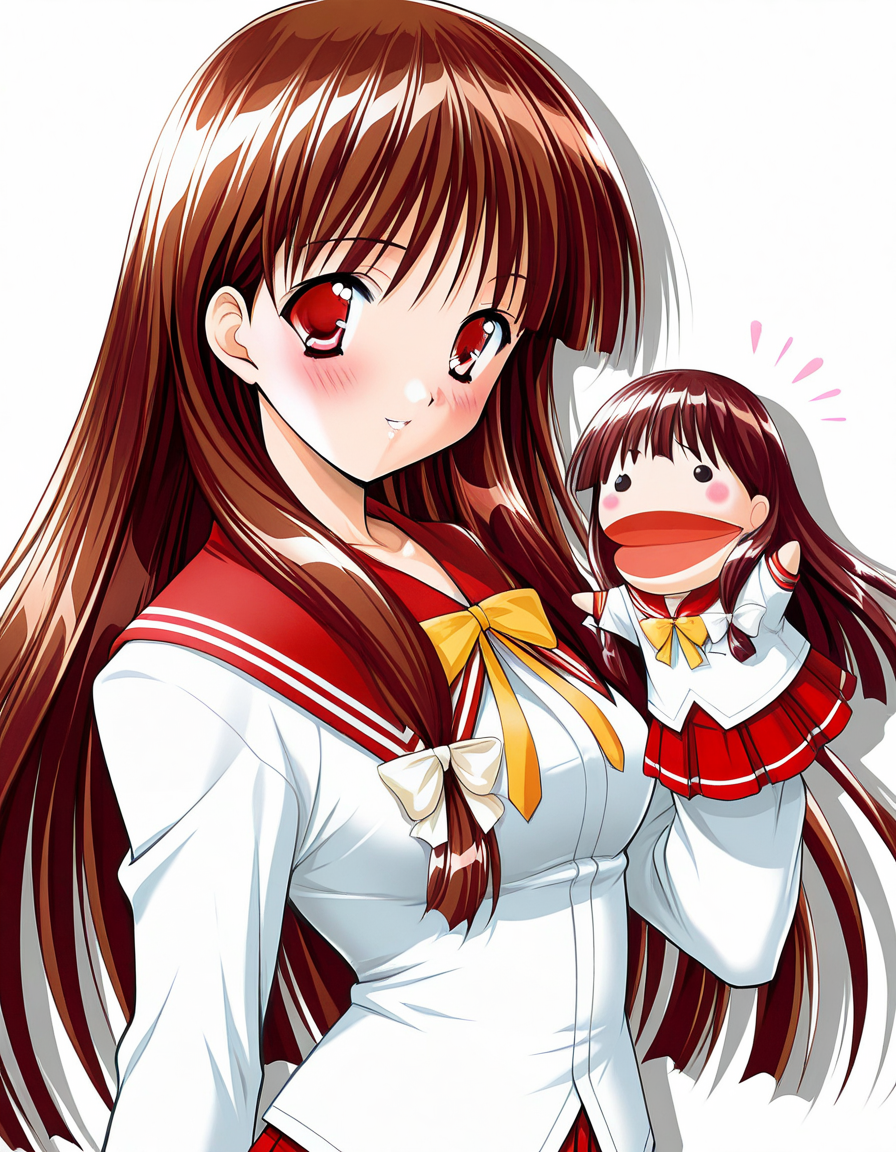 masterpiece, best quality, amazing quality, very aesthetic, high definition, absurdres, official art, ultra detailed, 
1girl solo, ouse_yumiko, long hair, brown hair, red eyes, tress ribbon, medium breasts BREAK  school uniform, serafuku, red sailor collar, pleated skirt, yellow bow, 
light happy, blush, looking at viewer, standing, hppt,hand puppet, happy aura simple background, white background, upper body, soft shadows <lora:hand_puppet_IL_v1:1> <lora:ouse yumiko v1.0-000018:1>