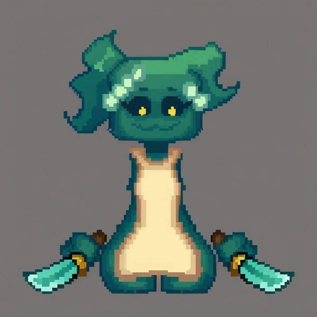 Score_9, score_8, score_7, score_6, source_cartoon, KintGurl, 1girl, solo, female focus, 2D, digital art, flat colors, clean lines, cartoonish, cartoon, Gradient shading, bold outlines, humanoid, square head, armless, disembodied hands, floating hands, Dark teal skinned female, Teal skin, colored skin, Black sclera, yellow eyes, circular eyes, no nose, no eyebrows, Ponytail, neckless, floating head, Tied hair, long hair, wavy hair, dark teal hair, teal hair, bow, bow on hair, light green bow, yellowish white apron, apron, big hips, very large hips, hyper thighs, wide hips, Thunder thighs, huge thighs, full body, standing, Holding knife, holding weapon, holding, blue diamond knife, smile, smiling, :3, hands down, closed mouth, angled view, gray background, pixel art