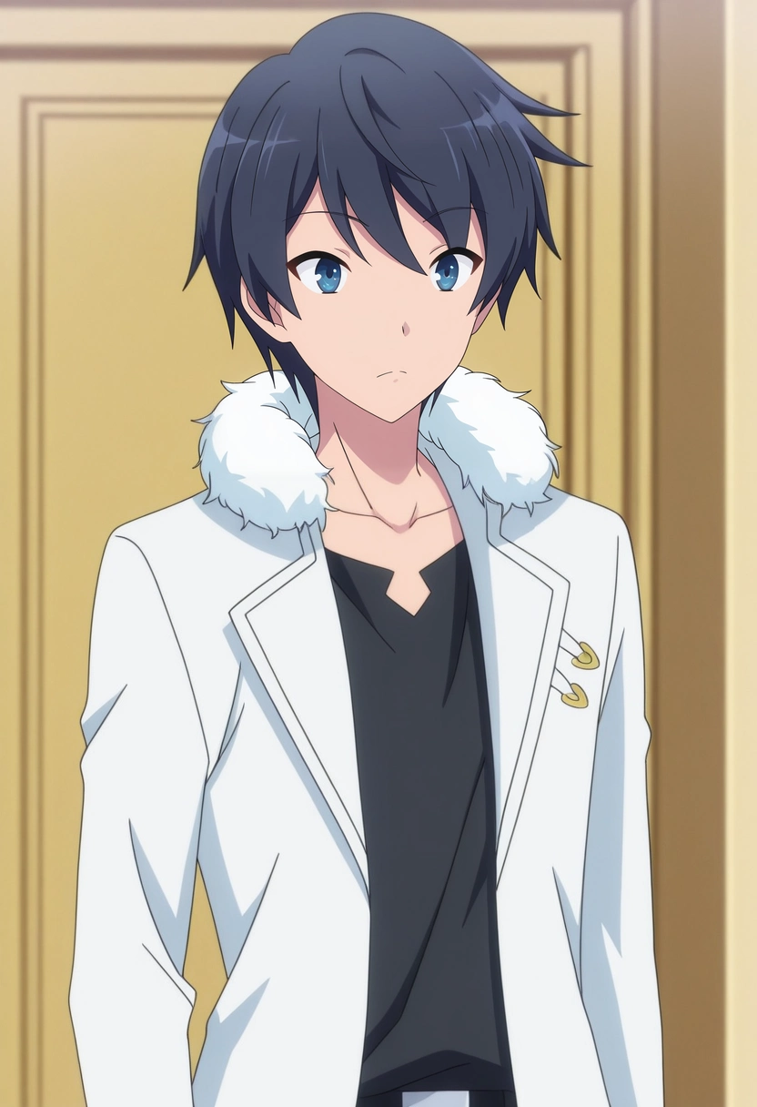 masterpiece, best quality, intricate details, anime screencap, , ,, 1boy, solo, male focus, <lora:touya_mochizuki_ilxl:0.94>, touya_mochizuki, black hair, blue eyes, black shirt, white coat, fur trim,