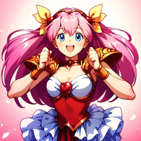 score_9, score_8_up, score_7_up, score_6_up, score_5_up, score_4_up, source_anime, , Wedding_Peach, long hair, blue eyes, pink hair, armor, white skirt, , dynamic pose, happy