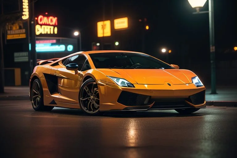 cars fantastic orange, [Lamborghihi Gallardo], speed, intricate detail ,neon city background, city background, night, HD. Photograph , in table((realism)), extremely high quality RAW photograph, ultra detailed photograph, sharp focus, high resolution, (detailed skin:1,3),high quality, film grain, Fujifilm XT3,Highly Detailed, movie, (Cinematic Photo:1.3) of (Realistic:1.3)