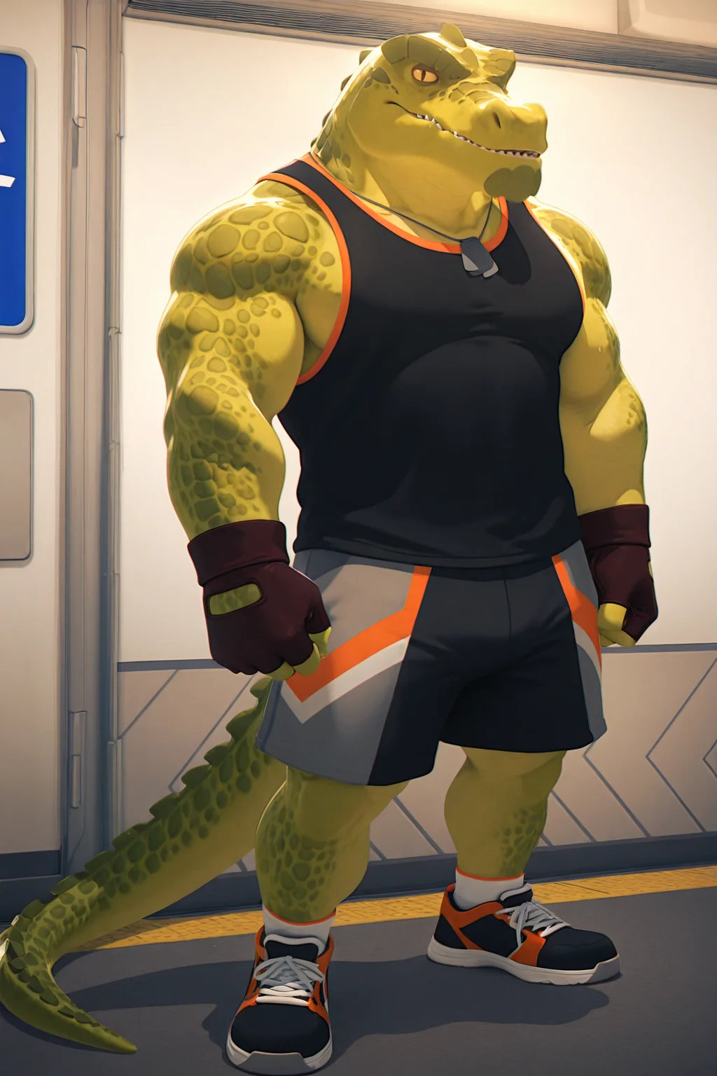 masterpiece, best quality, amazing quality, very aesthetic, absurdres, newest, anthro, looking at viewer, scalie, crocodile, muscular build, bara, broad shoulders, thick thighs, defined arms, male, confident stance, standing, full body, dog tags, tight black tank top, athletic shorts, sneakers, casual outfit, solo, urban vibe, slight sweat on skin, outdoor lighting, sun glare, high detail textures, fabric folds, realistic lighting, sharp shadows, clean background <lora:Krom_Illustrious:1> <lora:waiNSFWIllustrious_v110:1>