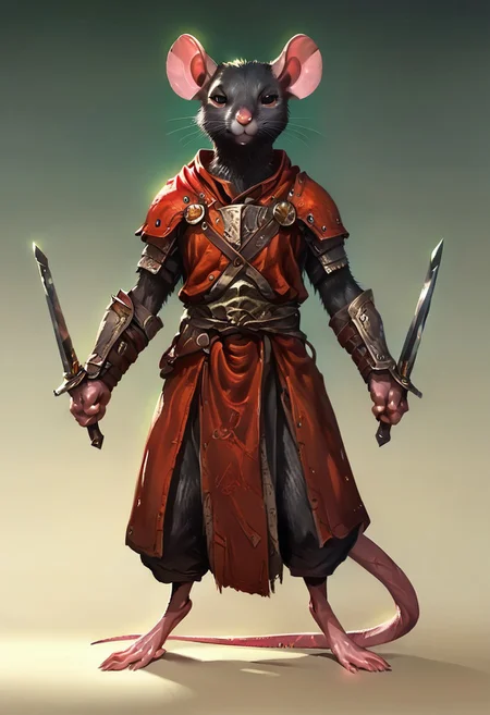 Score_7_up, score_8_up, re_an, 2d, illustration, detailed, full body, epic, mirrored, from below,
BREAK,
1girl, mouse, rodent, mammal, armor, robe, arms out, dual wielding, holding swords, dual swords, looking at viewer, half open eyes,
Gradient background,