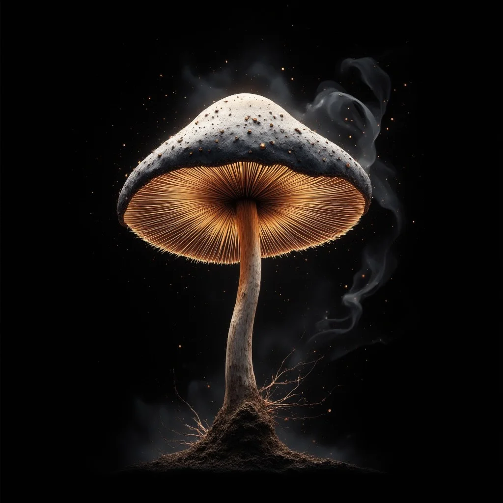 mushroom made out of singular intricately flowing light strands against a black background, swirling particles, abstract graphics, contours of a burning tree hidden in smoke, majestic, concept art, flowing light, glowing dust