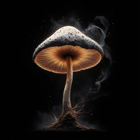 mushroom made out of singular intricately flowing light strands against a black background, swirling particles, abstract graphics, contours of a burning tree hidden in smoke, majestic, concept art, flowing light, glowing dust