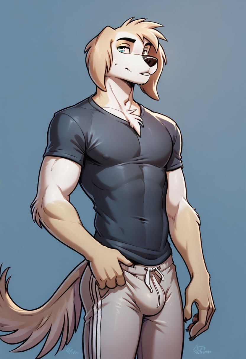 score_9, score_8_up, score_8, 1boy, Sebastian, anthro dog, smooth, highly detailed, perfect, tight T-shirt, grey sweatpants,