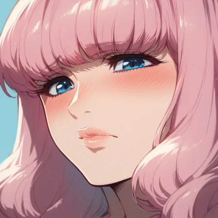 score_9,score_8_up,score_7_up,score_6_up, nerobasta, solo, blue eyes, pink hair, 1girl, blush, long hair, close-up, closed mouth, blue background, lips, bangs