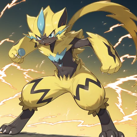 <lora:SlimesZeraora:1>, score_9, score_8_up, score_7_up, slimes_zeraora, solo, standing, lightning background, fighting stance