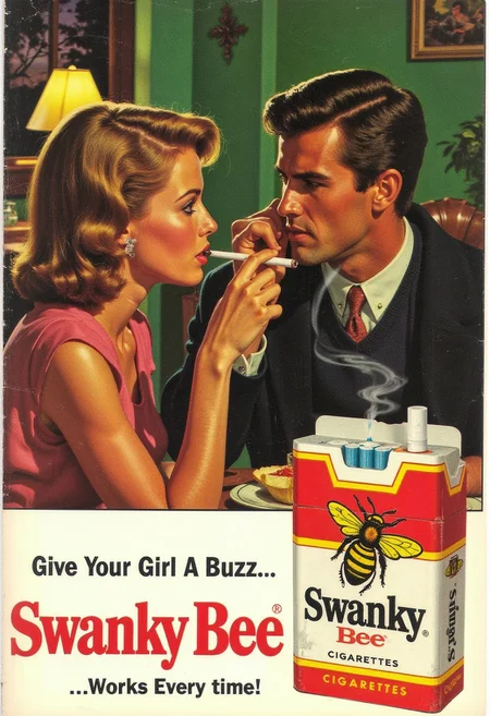 vintage ad, Magazine ad, cigarette company called Swanky Bee Cigarettes, The ad features 1970's couple enjoying dinner. The ad features a close up view of the pack. The pack shows a bee puffing a cigarette. The slogan for the company is at the bottom and reads "Give Your Girl A Buzz…Works Every time!”Photorealistic, photograph, A vintage ad in a magazine to bring the allure and luxury of cigarette smoking to a larger audience. The background is the inside of a 1970's house with trendy olive green decor and shag carpeting. vintage comic book cover, holding cigarette ,aidmatextimprover