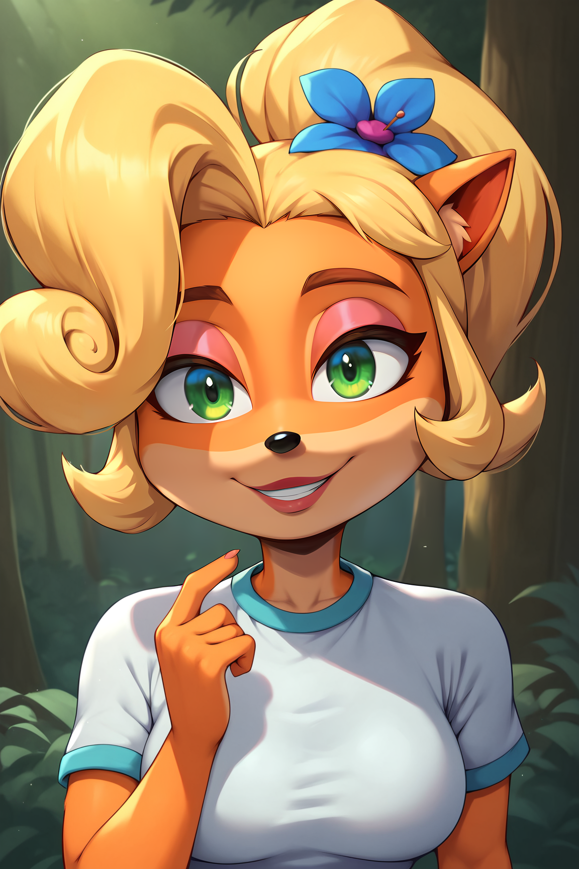 score_9, score_8_up, score_7_up, score_6_up, BREAK, CocoBandicootCNKPXL, anthro furry, furry female, body fur, orange fur, green eyes, blonde hair, short hair, ponytail, huge ahoge, hair flower, animal ears, medium breasts, white shirt, short sleeves, solo, front view, (portrait, upper body), solo focus, seductive smile, looking at viewer, forest, tree <lora:CocoBandicootCNKPXL:1>