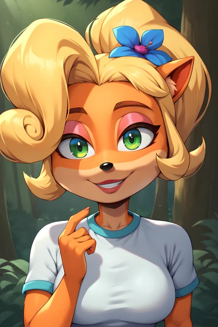 score_9, score_8_up, score_7_up, score_6_up, BREAK, CocoBandicootCNKPXL, anthro furry, furry female, body fur, orange fur, green eyes, blonde hair, short hair, ponytail, huge ahoge, hair flower, animal ears, medium breasts, white shirt, short sleeves, solo, front view, (portrait, upper body), solo focus, seductive smile, looking at viewer, forest, tree <lora:CocoBandicootCNKPXL:1>