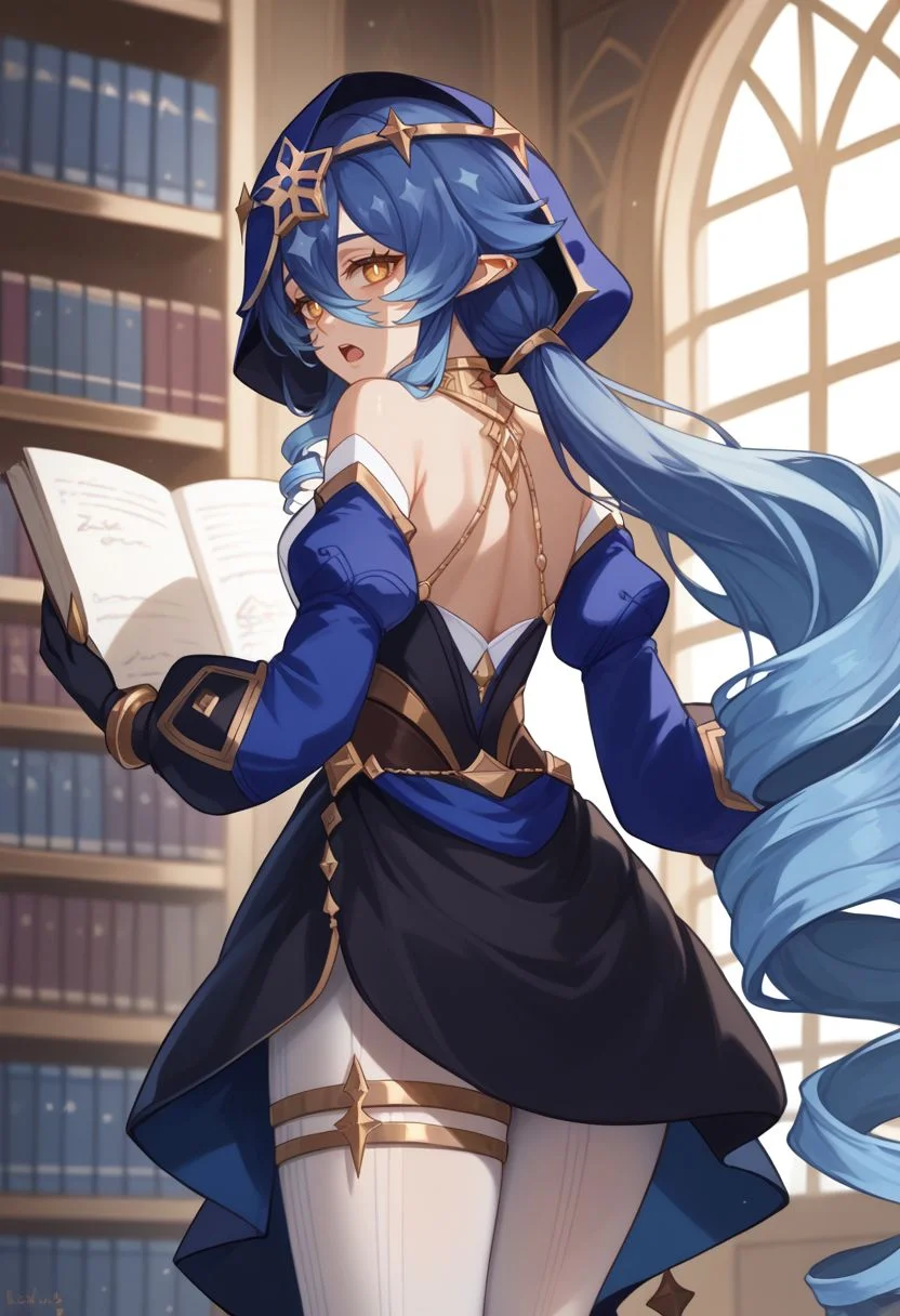 score_9, score_8_up, score_7_up, source_anime, 1girl, layladef, blue hair, yellow eyes, drill hair, hair between eyes, drill sidelocks, twin drills, pointy ears, blue hood, jewelry, neck ring, bare shoulders, detached sleeves, juliet sleeves, puffy long sleeves, claw ring, black gloves, white pantyhose, bags under eyes, thighlet, open mouth, standing, looking at viewer, indoors, library, from behind, back, looking back, <lora:Layla_v1-000010:1>