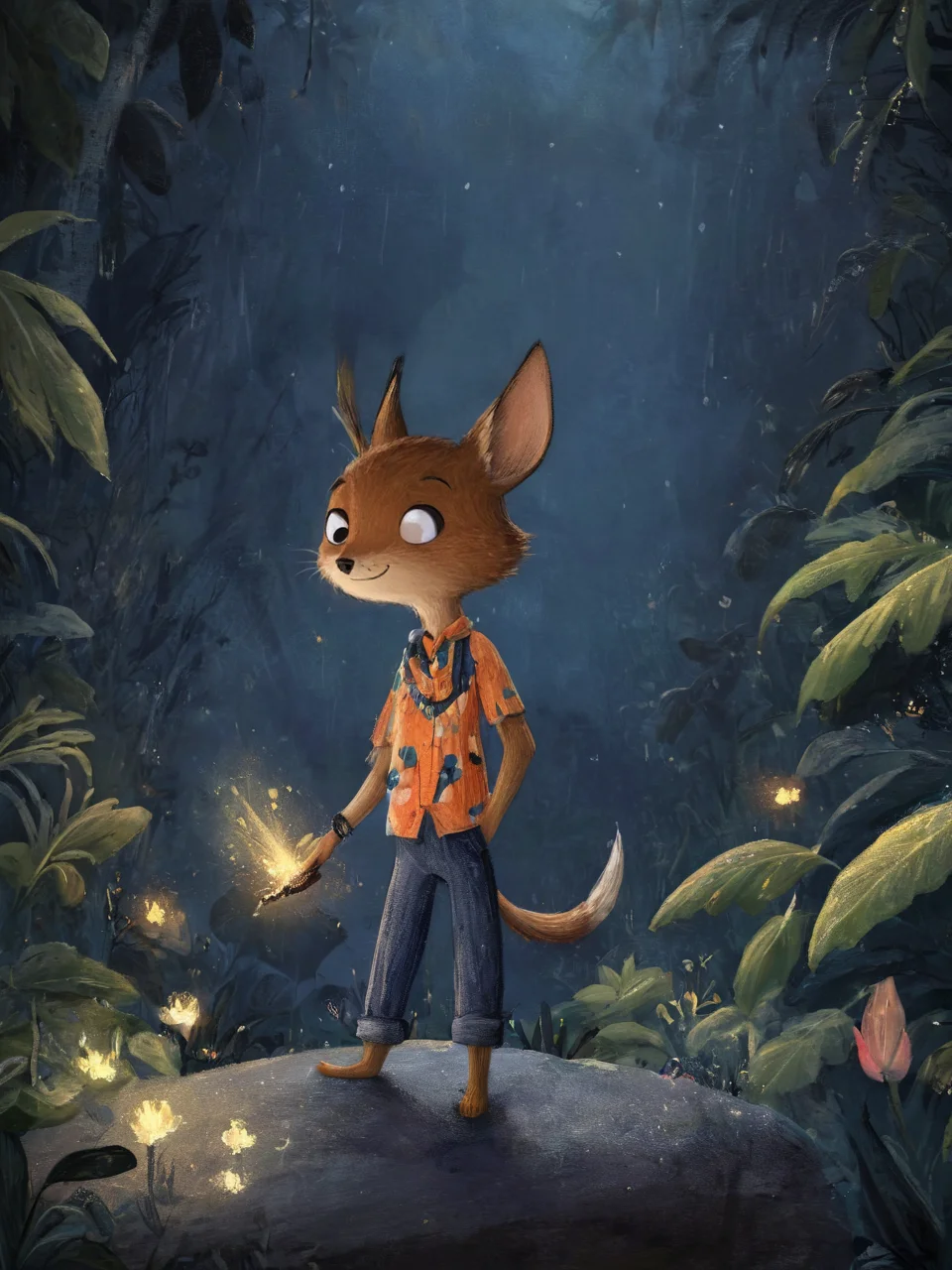 (by Homogenousrule, by Wildering, by Foxovh, by Catcouch),
solo (((nick wilde)) blue hawaii floral shirt with jeans),
(standing, three-quarter portrait, three-quarter view, looking at viewer:1.25),
BREAK
(jungle, river, rock, firefly, night, glowing),
(detailed background, depth of field, ambient silhouette, backlighting),
masterpiece,best quality,4k,2k,(intricate:0.9),(high detail, shaded, realistic:1.25),absurd res,<lora:é²å䏿´¾@SDXLå¿ç«¥ç»æ¬:1>,Children's picture books