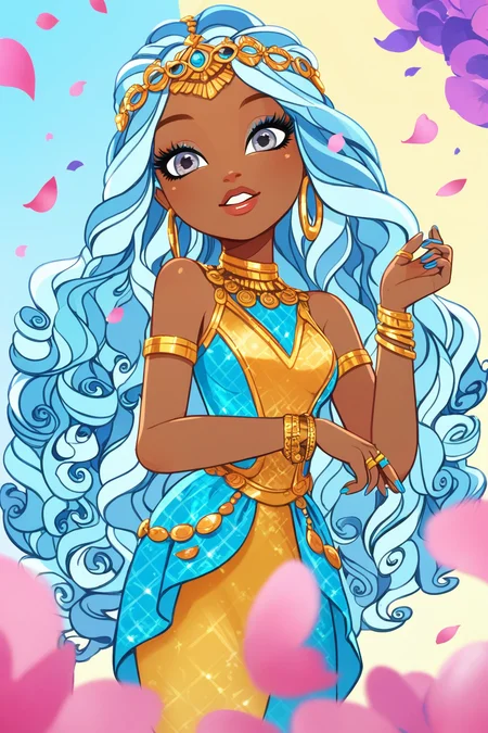 score_9, score_8_up, score_8, <lora:everafterhigh:0.8>, everafterhigh, 1girl, jewelry, solo, dark-skinned female, dark skin, earrings, long hair, blue hair, ring, dress, blue nails, curly hair, wavy hair, looking at viewer, parted lips, bracelet, petals, nail polish, blue dress, hand up, from side, grey eyes, multiple rings, blue eyes, blue theme, hoop earrings, fingernails, circlet