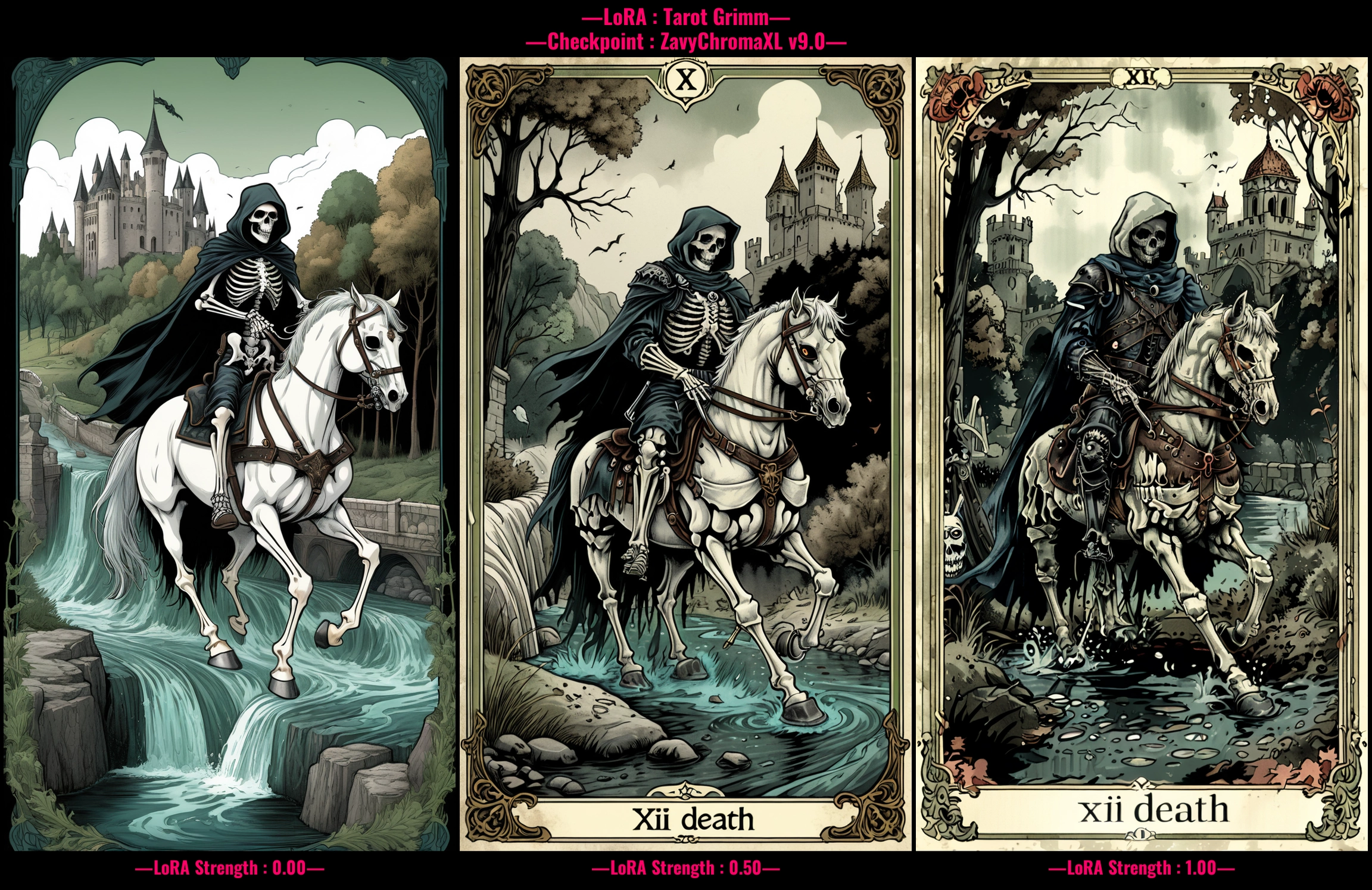 tarot card illustration, grimdark, richly detailed, "XIII Death" written,  grim reaper dressed in black armor riding a white horse, skeleton, in motion, banner, castle-like structure with river flowing beneath, flowing through a landscape that includes trees and a bridge, dead man on the ground, color palette dominated by shades of green, brown, and blue, creating a natural and earthy atmosphere. <lora:art_style\xl_Tarot_Grimm>